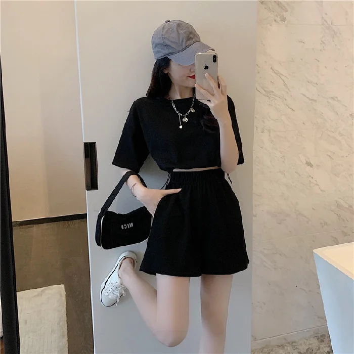 Fashion Casual Sports Women Athleisure Short-Sleeved Elastic Waist T-Shirt Wide-Leg Shorts Two-Piece Summer Set-- Ribbed T-Shirt High Neck Heavyweight