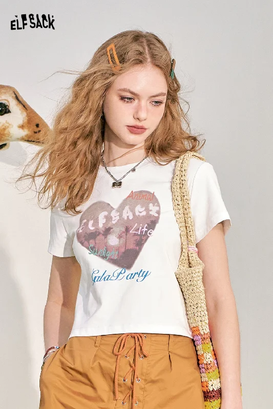 ELFSACK 2024 Summer New Love Print BM Slim Fit Short Sleeve T-shirt Women's Slim Short Top-- Spandex Blend Rayon Blend Denim Blend
