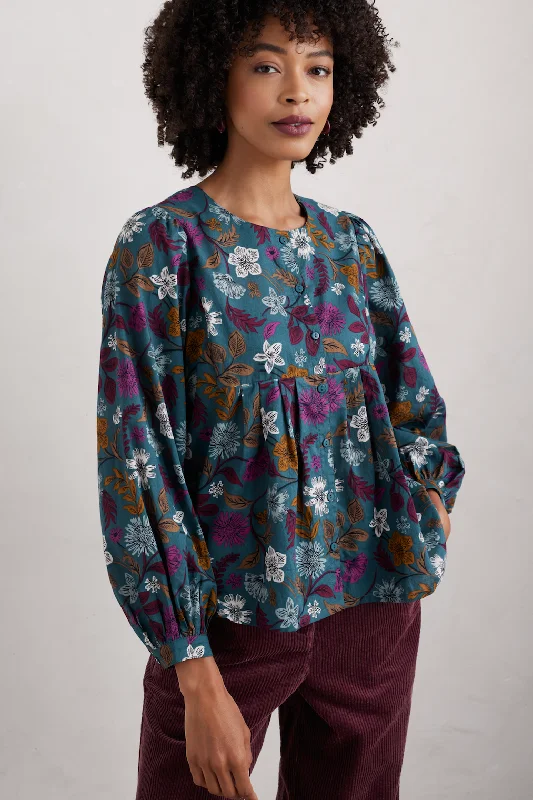 Seasalt Thornapple Shirt in Woodblock Bloom Dusky Jade-- Modern Contemporary Chic