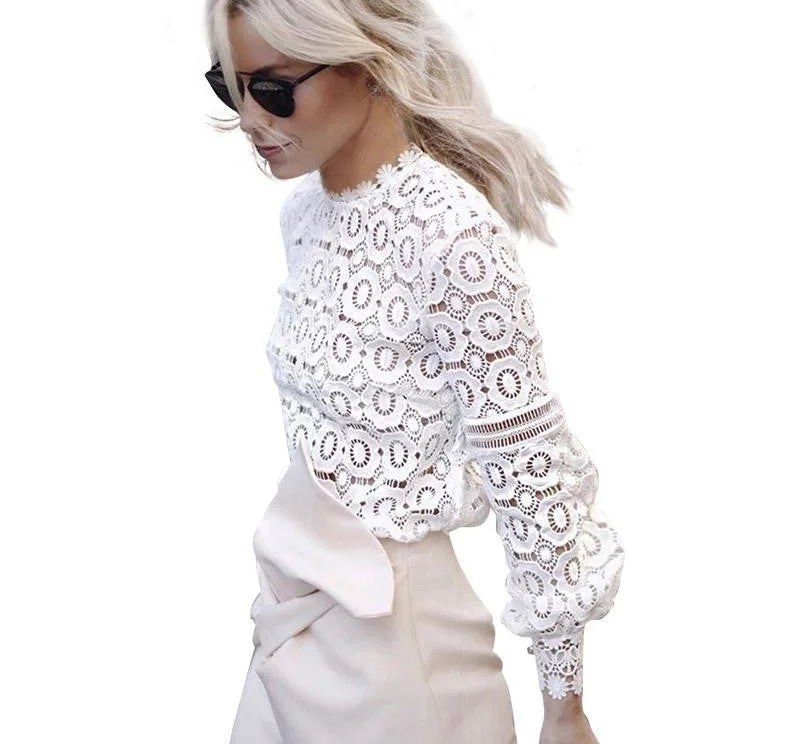 Hollow out floral lace blouse shirt Women elegant long sleeve white blouse tops cool blouse-- Mesh Fabric Canvas Fabric Denim Fabric Hollow out floral lace blouse shirt Women elegant long sleeve white blouse tops cool blouse-- Mesh Fabric Canvas Fabric Denim Fabric