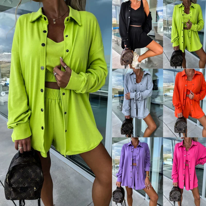 Women Fashion Street Casual Solid Color Long Sleeve Shirt And Loose Blouse Three Pieces Set-- Welt Pockets Slit Pockets Flap Pockets Women Fashion Street Casual Solid Color Long Sleeve Shirt And Loose Blouse Three Pieces Set-- Welt Pockets Slit Pockets Flap Pockets