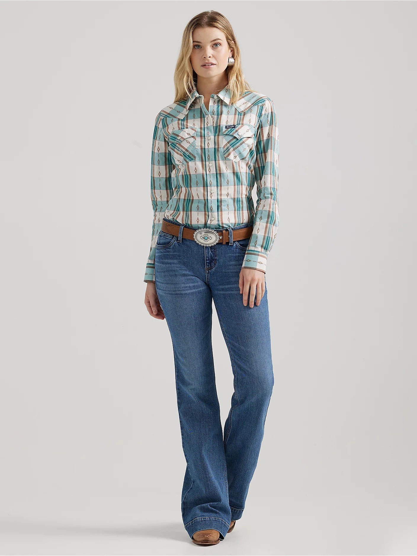Ladies Wrangler Plaid Slim Western Snap Shirt - 112356677-- Asymmetrical Pockets Print Ladies Wrangler Plaid Slim Western Snap Shirt - 112356677-- Asymmetrical Pockets Print