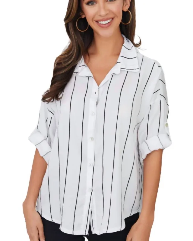 Tencil Striped High Low Button Down Shirt In White-- Chenille Blend Fleece Blend Nylon Blend Tencil Striped High Low Button Down Shirt In White-- Chenille Blend Fleece Blend Nylon Blend