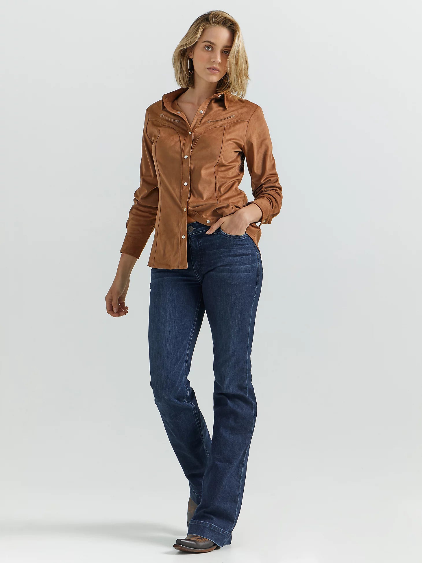 Ladies Wrangler Suede Rodeo Snap Shirt - 112353205-- Boxy Fit Fitted Loose