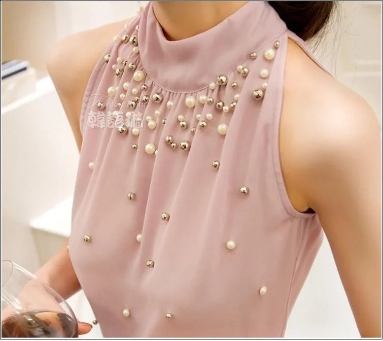 Women Beading Chiffon Blouse Korean Fashion Sleeveless Women Turtleneck Chiffon Blouse Shirt Women Top-- Lace Blend Ribbed Blend Corduroy Blend
