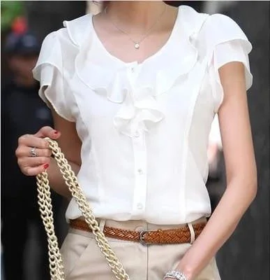 Women Fashion Short Sleeve Ruffles Chiffon Solid White Tops Casual Blouses Shirt-- Ribbed Striped Patterned Women Fashion Short Sleeve Ruffles Chiffon Solid White Tops Casual Blouses Shirt-- Ribbed Striped Patterned