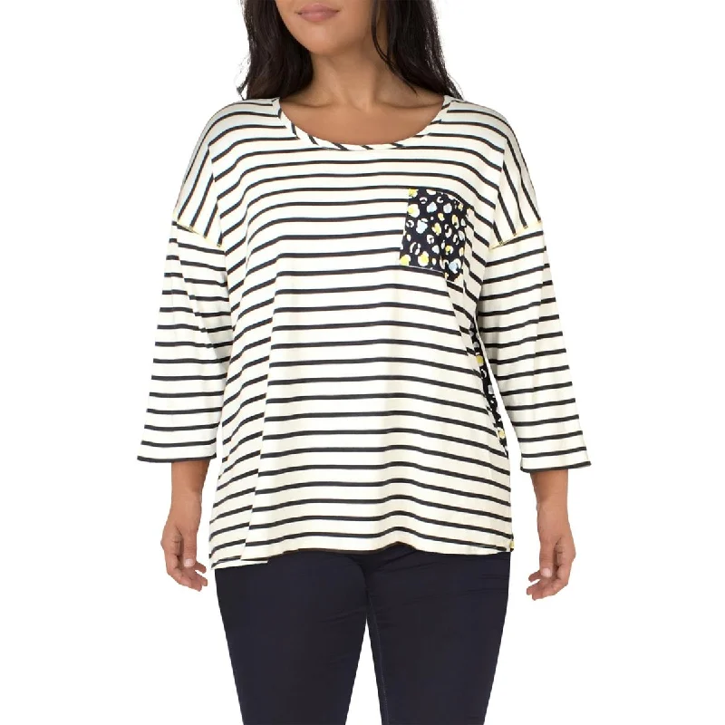 Plus Womens Cotton Striped T-Shirt-- Ribbed Striped Patterned