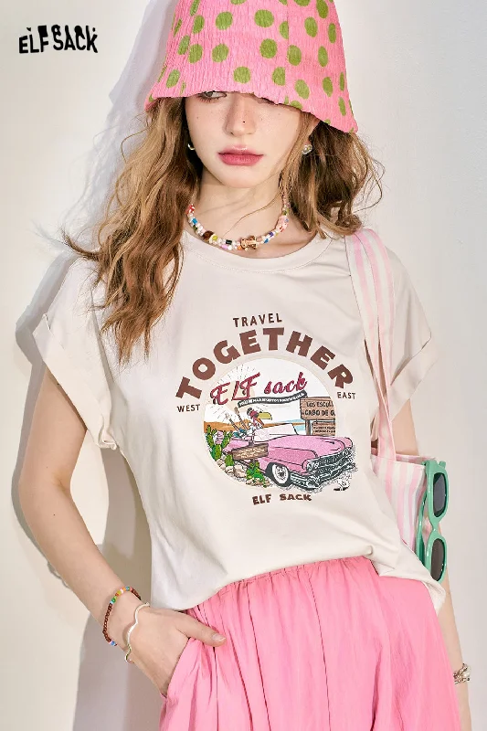 ELFSACK 2024 Summer New Pink Loose Short sleeved T-shirt Women's Cuff Lace Design Slimming Top-- Zippered Front Buttoned Front Snap Front ELFSACK 2024 Summer New Pink Loose Short sleeved T-shirt Women's Cuff Lace Design Slimming Top-- Zippered Front Buttoned Front Snap Front