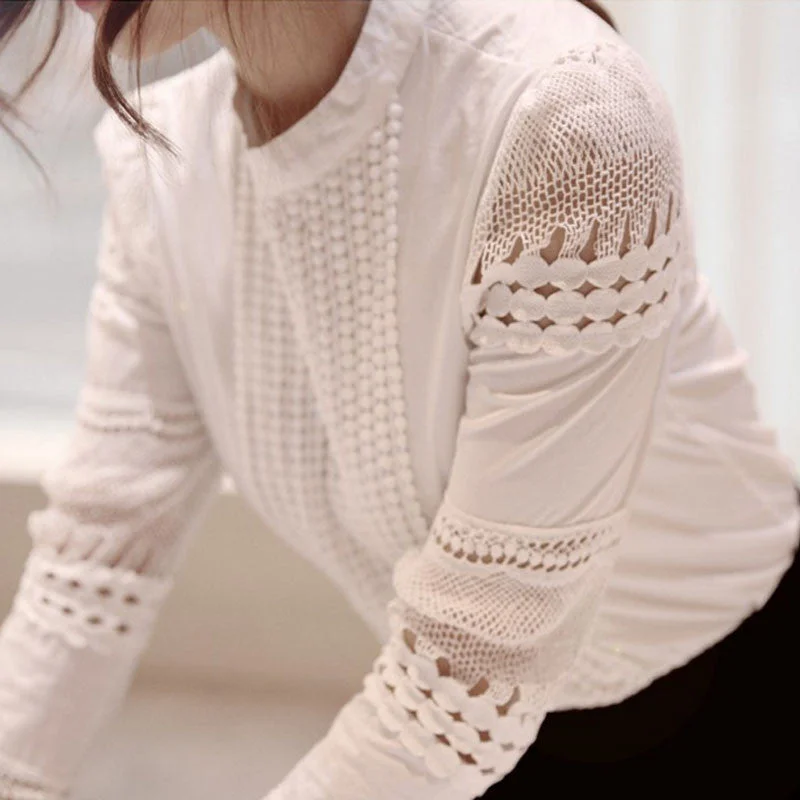 Fashion Elegant White Lace Crochet Hollow Out Blouse Women Cotton Blend Shirt Puff Sleeve Tops Bluse camisa feminina T57349-- Elasticated Padded Insulated Fashion Elegant White Lace Crochet Hollow Out Blouse Women Cotton Blend Shirt Puff Sleeve Tops Bluse camisa feminina T57349-- Elasticated Padded Insulated