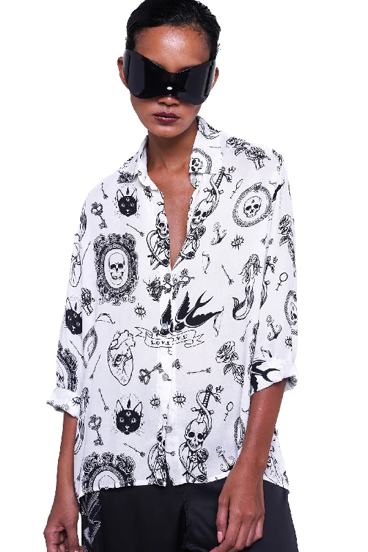 ROSE LONG SLEEVES SHIRT - WHITE TATTOO-- Embroidered Appliqued Beaded