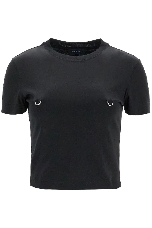 Mugler Women's Cropped T-Shirt With Piercing-- Terry Blend Velvet Blend Canvas Blend Mugler Women's Cropped T-Shirt With Piercing-- Terry Blend Velvet Blend Canvas Blend