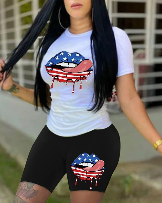Women'S Lip Star Stripe Print Short-Sleeved T-Shirt Shorts Two-Piece Fashion Casual Athleisure Set-- Welt Pockets Slit Pockets Flap Pockets Women'S Lip Star Stripe Print Short-Sleeved T-Shirt Shorts Two-Piece Fashion Casual Athleisure Set-- Welt Pockets Slit Pockets Flap Pockets