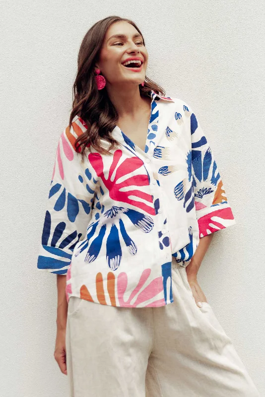 Virginia Cream Abstract Linen Blend Shirt-- Fashionable Trendy Casual