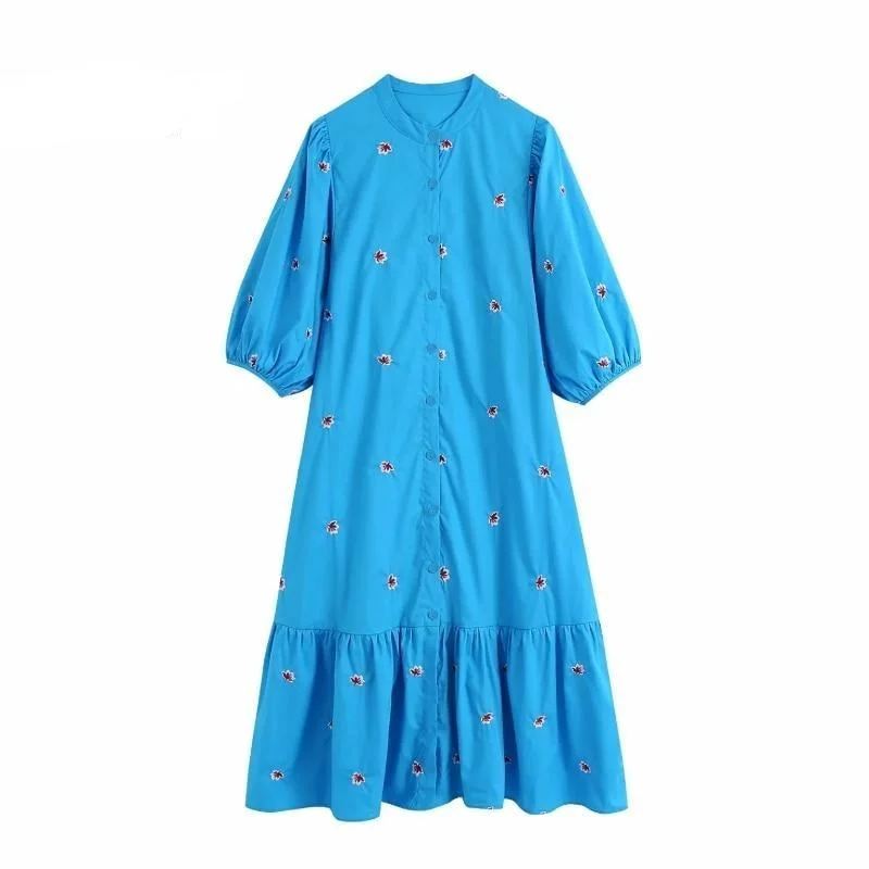 Neck flower embroidery shirt-- Striped Floral Plaid