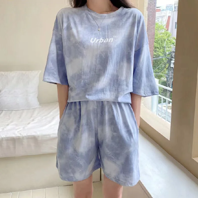 Women Casual Fashion Athleisure Summer Tie Dye Short Sleeve Letter T-Shirt And Loose Shorts Sports Streetwear Set-- Sequined Glittery Shiny