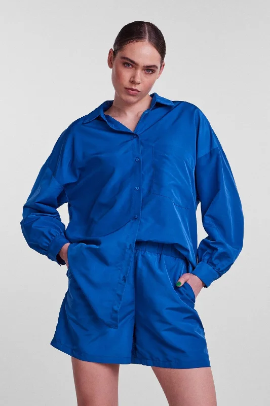 Chrilina Oversized Shirt - Mazarine Blue-- Mesh Blend Leather Blend Suede Blend
