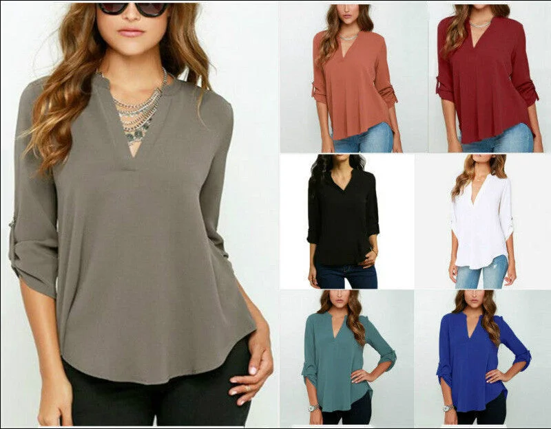 Half Sleeve Women V Neck Loose Casual Collar Chiffon Shirt Tops-- Denim Fabric Leather Fabric Suede Fabric Half Sleeve Women V Neck Loose Casual Collar Chiffon Shirt Tops-- Denim Fabric Leather Fabric Suede Fabric