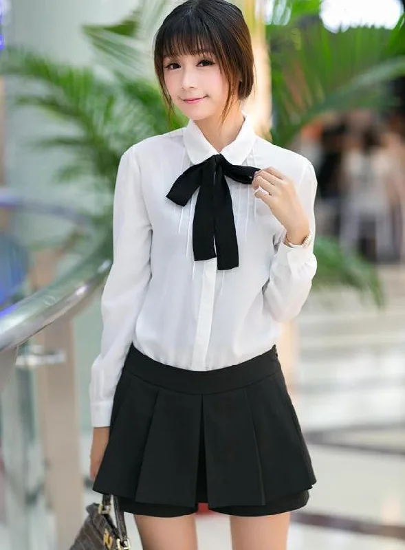 Women White Chiffon Blouse Shirts Fashion Peter Pan Collar Long Sleeve Bow Casual Pleated Tops-- Embroidered Appliqued Beaded