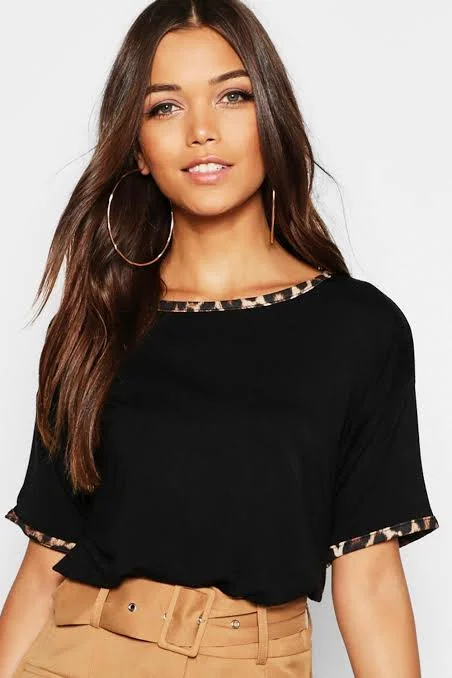 Leopard print Ringer T-Shirt-- Collared T-Shirt Boat Neck A-Line