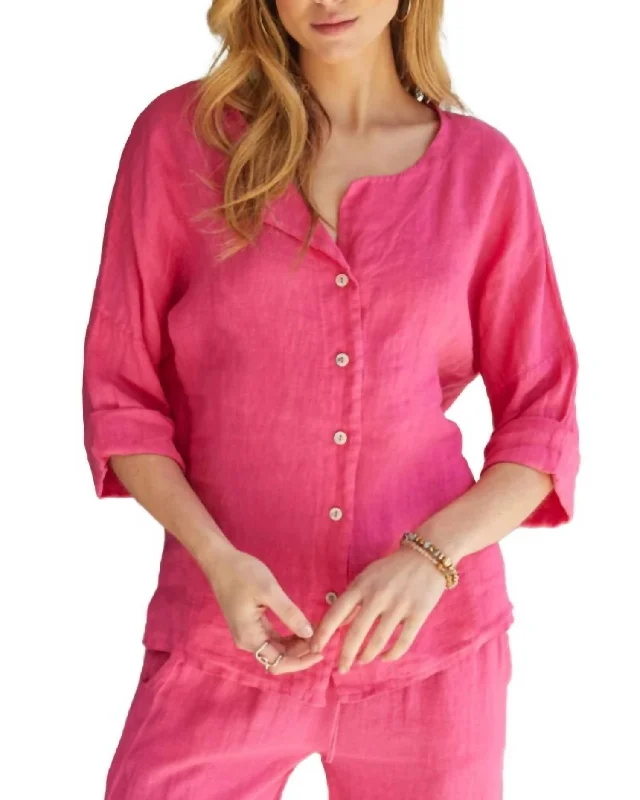 Linen Button Down Shirt In Fuchia Pink-- Anti-Pilling Machine Wash Handmade
