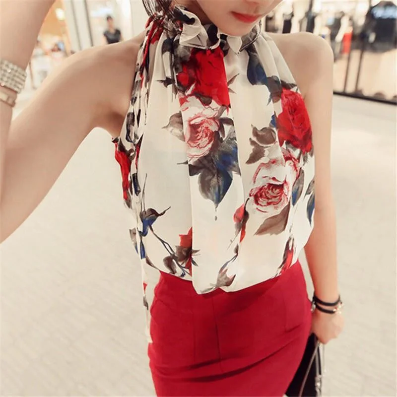 Women Shirts Fashion Flowers Print Halter Sleeveless Neck Blouse Women Elegant Tops -- Basic T-Shirt Crew Neck Short Sleeve Women Shirts Fashion Flowers Print Halter Sleeveless Neck Blouse Women Elegant Tops -- Basic T-Shirt Crew Neck Short Sleeve