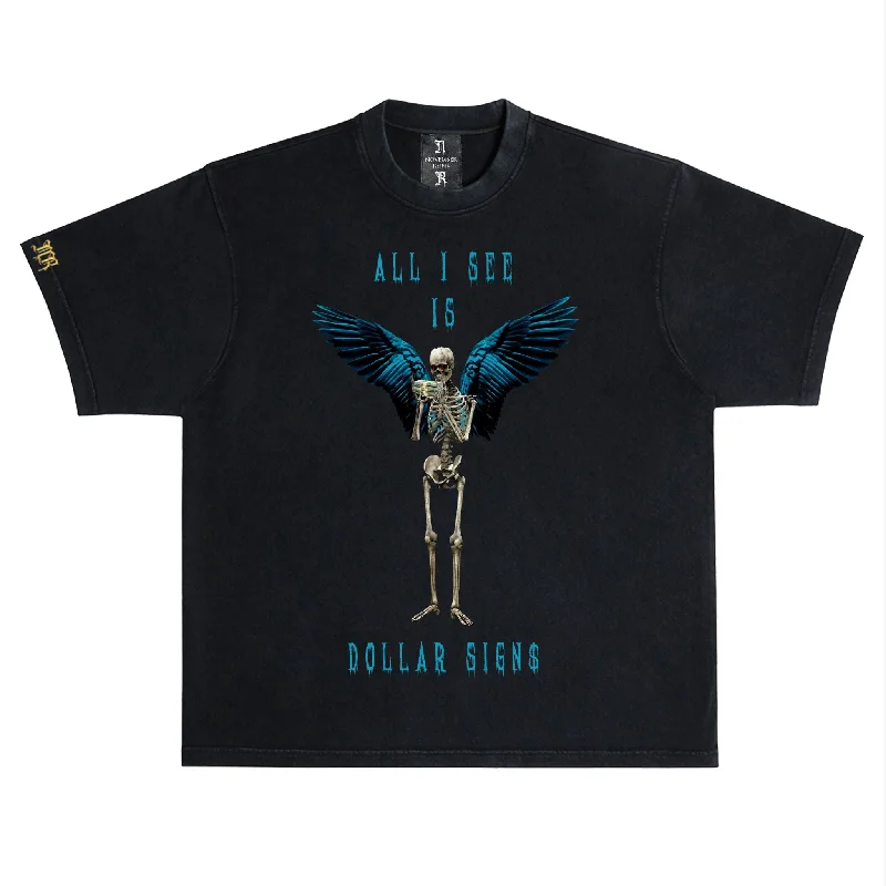November reine (Black/Aqua Blue "Dollar Signs" t-shirt)-- Mesh Canvas Denim