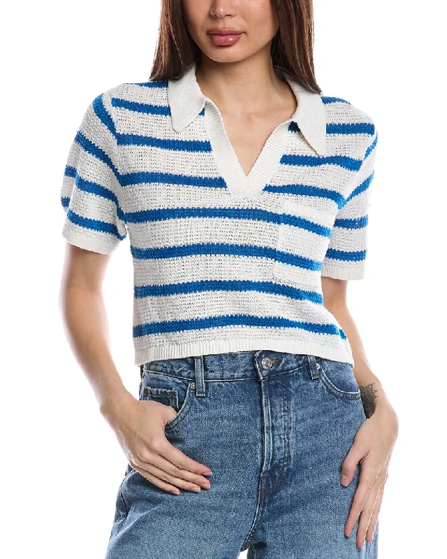 Onia Cropped Linen Polo Shirt-- Zippered Front Buttoned Front Snap Front