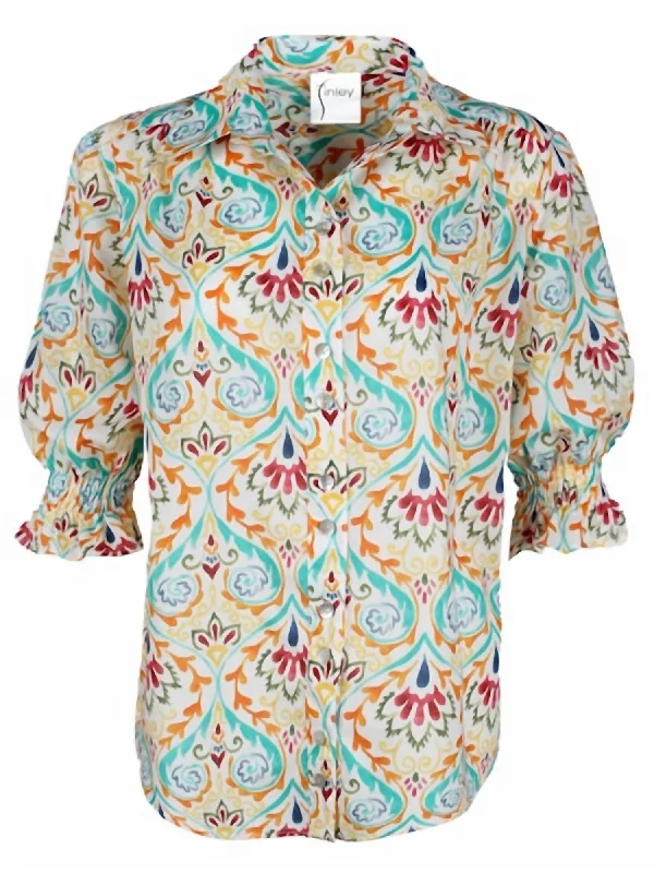 Women's Provencial Print Serena Shirt In White/multi-- Graphic Embroidered Appliqued Women's Provencial Print Serena Shirt In White/multi-- Graphic Embroidered Appliqued