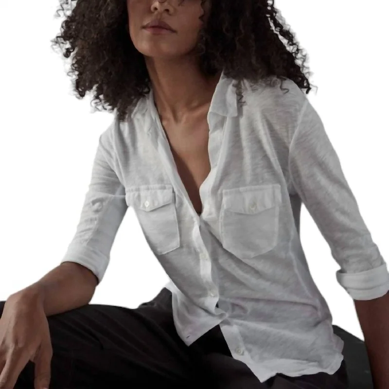 Contrast Panel Shirt In White-- Rayon Velvet Corduroy