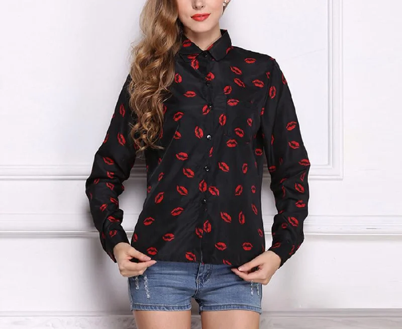 Women's Blouses Red Lips Print Chiffon Casual Lady Shirt White Stand Collar Button Long Sleeve Blouse-- Machine Wash Dry Clean Hand Wash Women's Blouses Red Lips Print Chiffon Casual Lady Shirt White Stand Collar Button Long Sleeve Blouse-- Machine Wash Dry Clean Hand Wash
