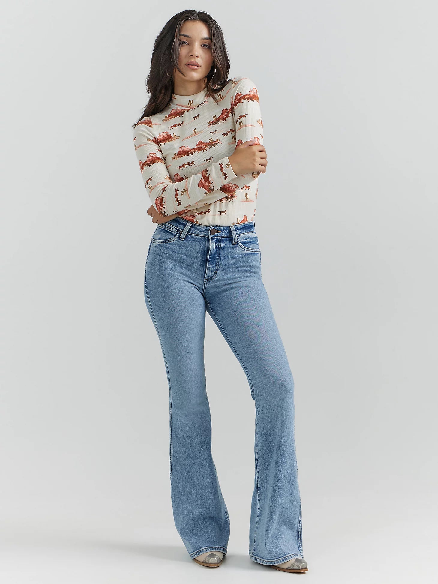 Ladies Wrangler Horse Print Mock Neck Shirt in Creamsicle - 112353207-- Layered Multi-layer Single Layer Ladies Wrangler Horse Print Mock Neck Shirt in Creamsicle - 112353207-- Layered Multi-layer Single Layer