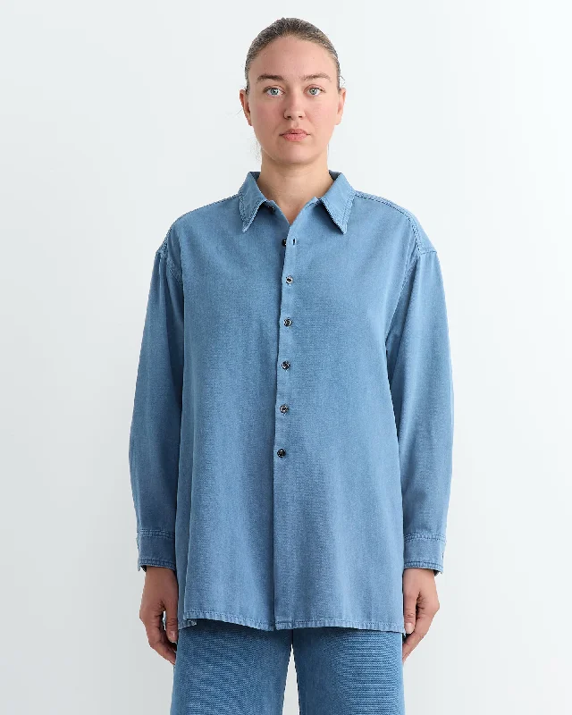 Twisted Denim Shirt in Snow Blue-- Polka Dot Checkered Tartan