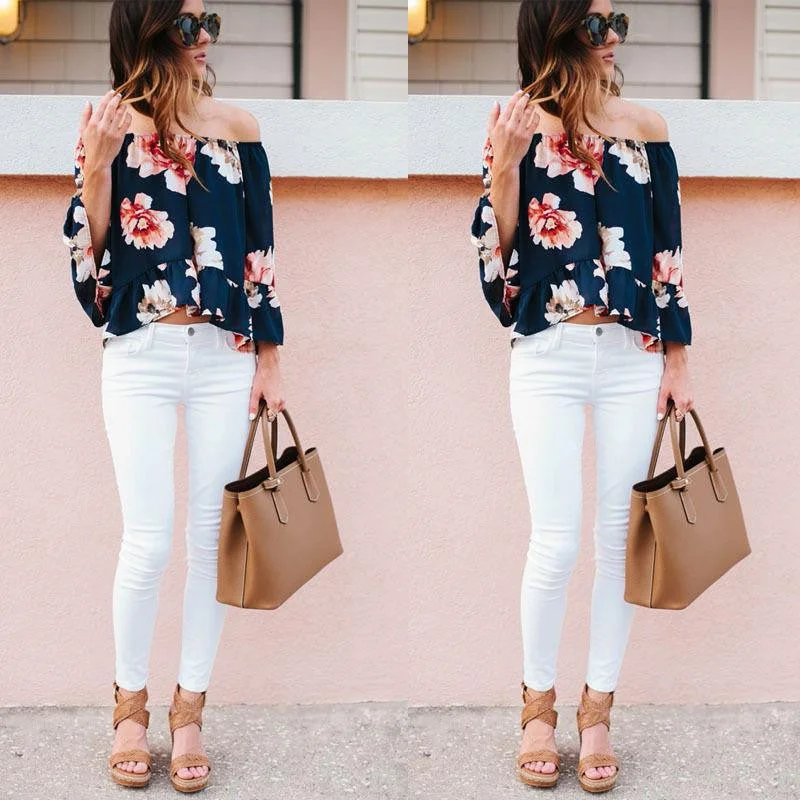 Women Blouses Shirt Off Shoulder Floral Printed Long Sleeve Strapless Women Tops Blouse-- Oversized T-Shirt Spandex breathable Women Blouses Shirt Off Shoulder Floral Printed Long Sleeve Strapless Women Tops Blouse-- Oversized T-Shirt Spandex breathable