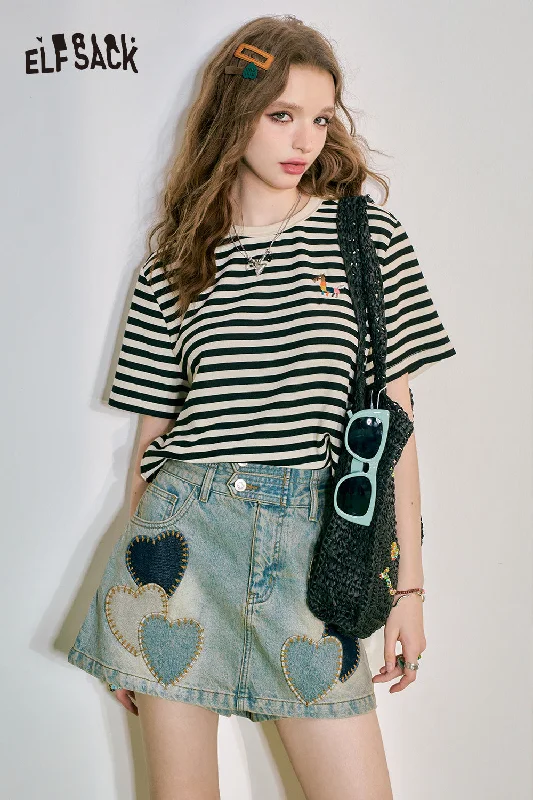 ELFSACK 2024 Summer New Black and White Stripe Loose Short sleeved T-shirt Women's Versatile Knitted Top-- Striped Floral Plaid