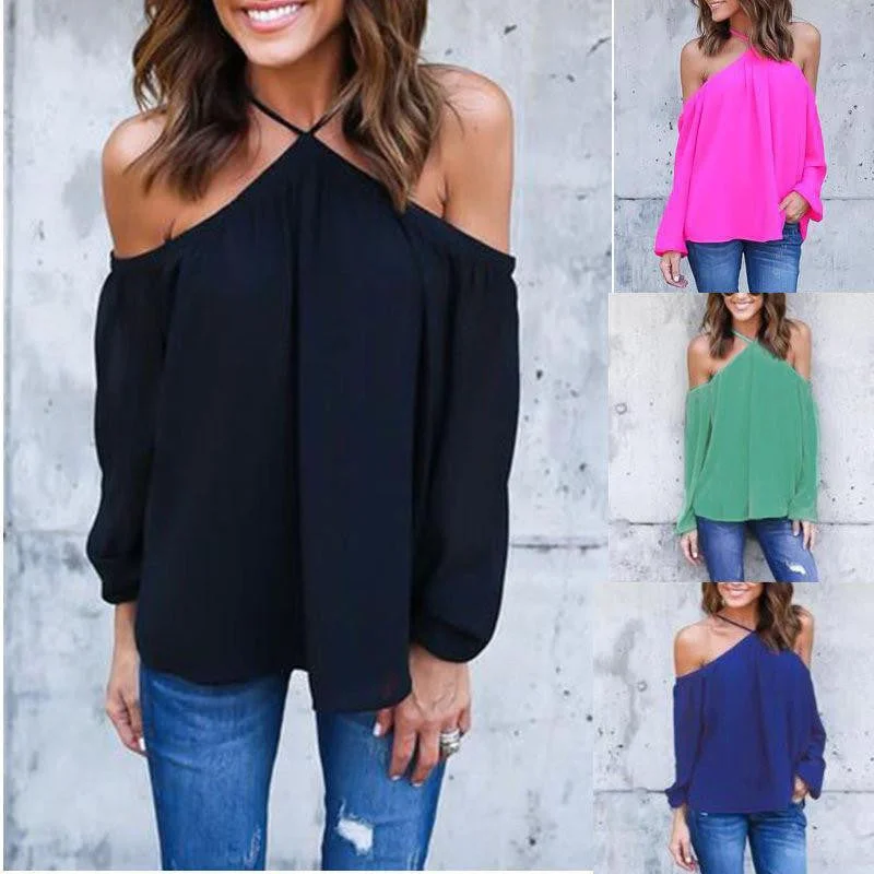 Women Off Shoulder Blouse Halter Long Sleeve Chiffon Top Plus Size Ladies Solid Causal Loose Chiffon Shirts-- Hooded Caped Shawl Collar Women Off Shoulder Blouse Halter Long Sleeve Chiffon Top Plus Size Ladies Solid Causal Loose Chiffon Shirts-- Hooded Caped Shawl Collar