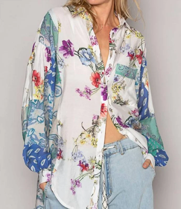 Mixed Print Button Shirt In Multi-- Asymmetrical Pockets Print