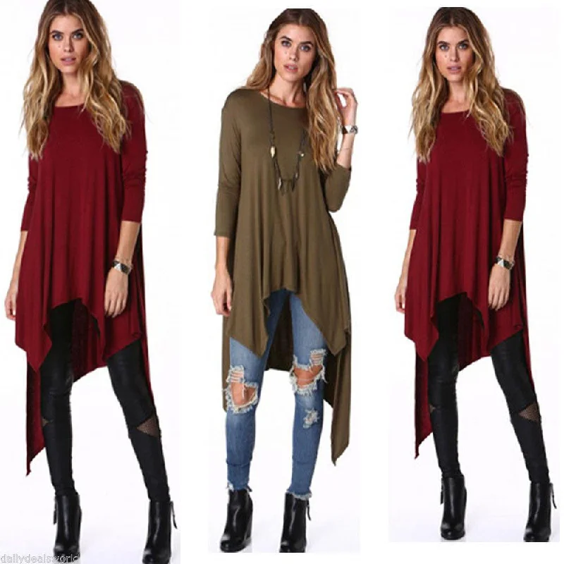 Tshirt women casual Women O-neck fashion Loose plus size Asymmetric long sleeve Tunic T-shirt Dress HOT-- Spandex Blend Rayon Blend Denim Blend
