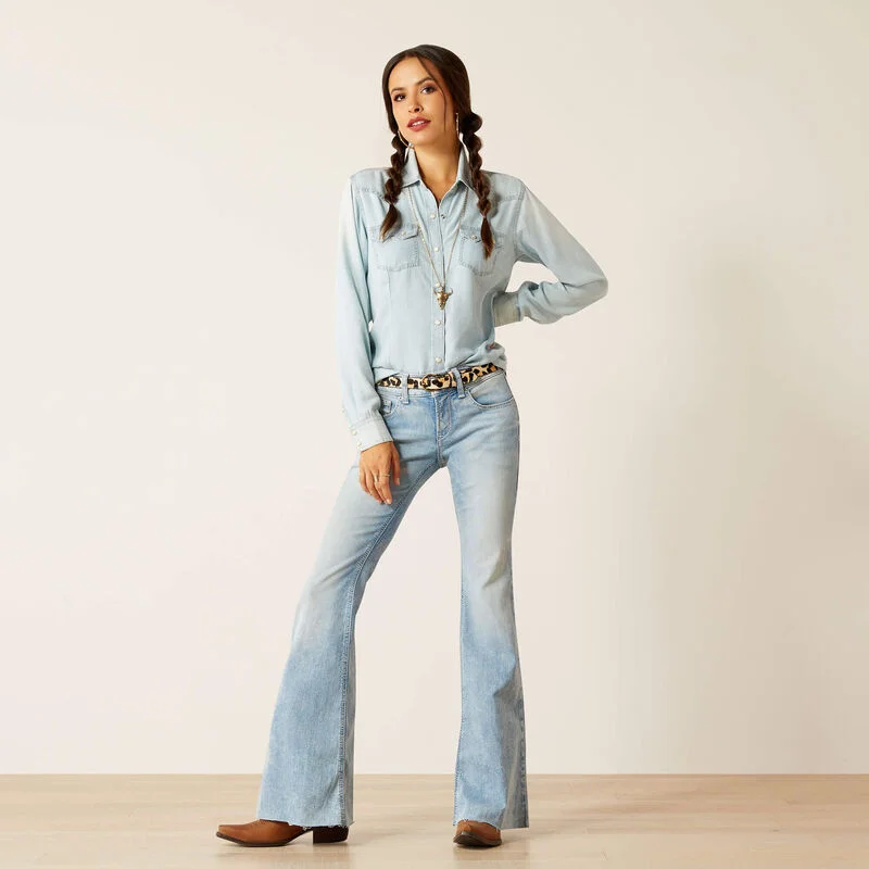 Ladies Ariat Blues Snap Bleached Chambray Shirt - 10051493-- Oversized T-Shirt Spandex breathable Ladies Ariat Blues Snap Bleached Chambray Shirt - 10051493-- Oversized T-Shirt Spandex breathable