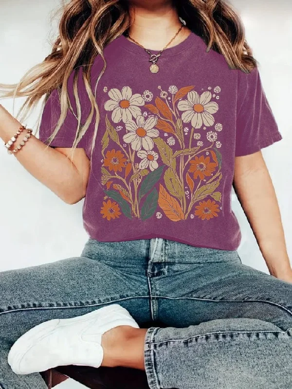 Rosa Clothing Botanical Floral Wildflower Short Sleeve Basic T-Shirt in Berry-- Satin Fabric Silk Fabric Chiffon Fabric Rosa Clothing Botanical Floral Wildflower Short Sleeve Basic T-Shirt in Berry-- Satin Fabric Silk Fabric Chiffon Fabric