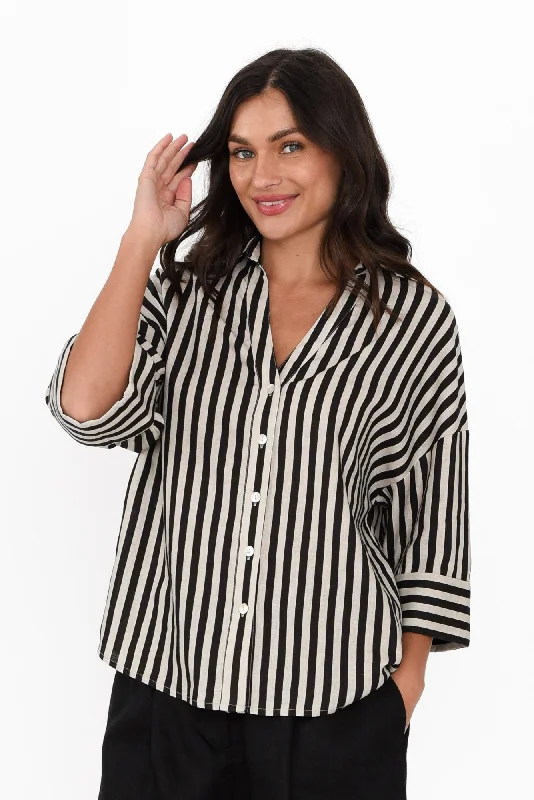 Virginia Black Stripe Linen Blend Shirt-- Graphic Embroidered Appliqued