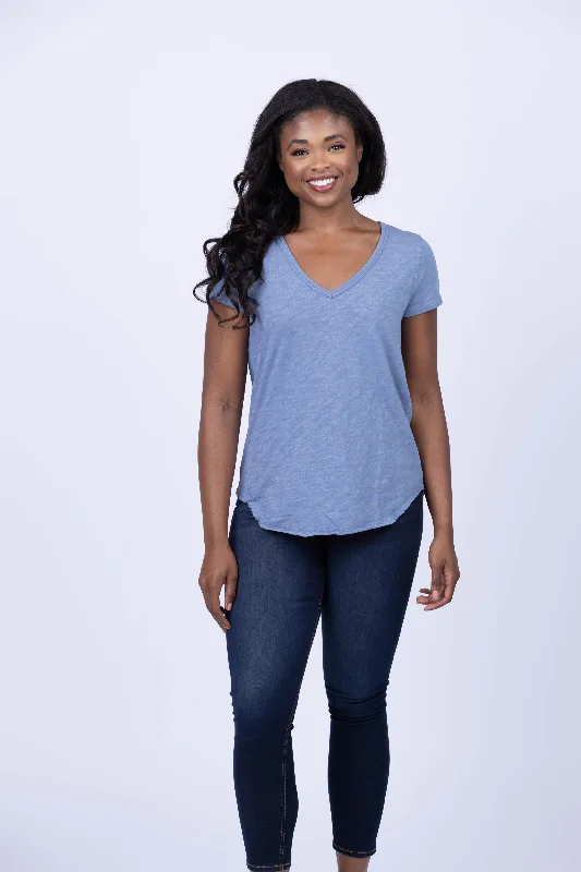 Dylan Shirt Tail-V W Raw Hem Top in Amber Blue-- Hooded Caped Shawl Collar