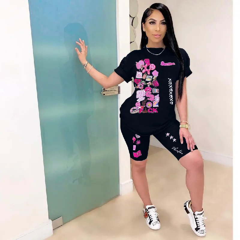 Women Fashion Casual Graphic Printing Short Sleeve T-Shirt Shorts Two-Piece Set-- Cashmere Blend Cotton Blend Poly Blend Women Fashion Casual Graphic Printing Short Sleeve T-Shirt Shorts Two-Piece Set-- Cashmere Blend Cotton Blend Poly Blend