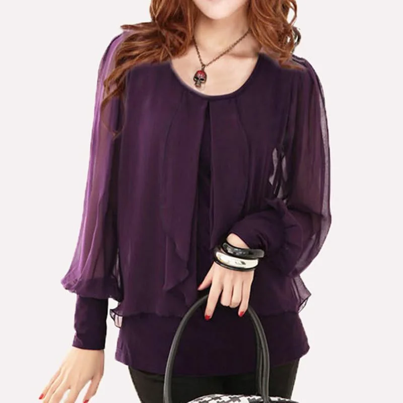 Women Black Shirt Plus Size Tops Purple Chiffon Shirt Female Long-Sleeve Chiffon Blouses Loose Solid-- Collared T-Shirt Boat Neck A-Line Women Black Shirt Plus Size Tops Purple Chiffon Shirt Female Long-Sleeve Chiffon Blouses Loose Solid-- Collared T-Shirt Boat Neck A-Line