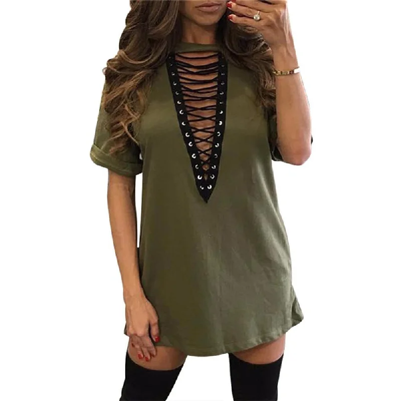 Women Deep V Neck Hollow Out Club Party Dresses Casual Short Loose T-Shirt Dress-- Collared Crew Neck Turtle Neck Women Deep V Neck Hollow Out Club Party Dresses Casual Short Loose T-Shirt Dress-- Collared Crew Neck Turtle Neck