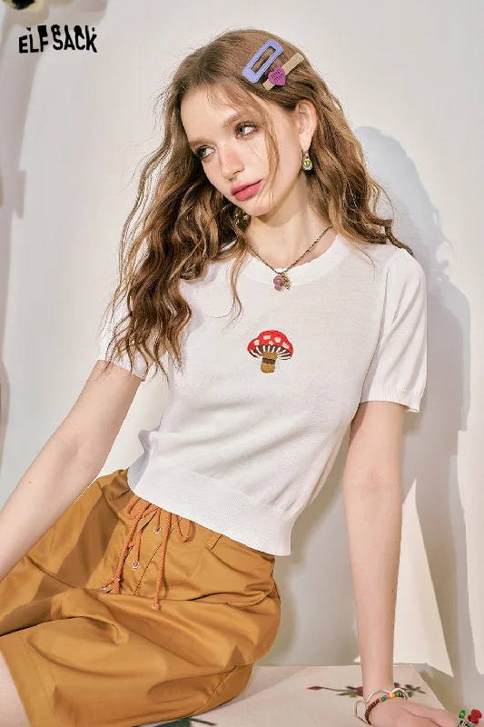 ELFSACK 2024 Summer New Bubble Sleeve Short sleeved Knitted Shirt Women's Slim Fit Breathable Versatile Top-- Zippered Front Buttoned Front Snap Front ELFSACK 2024 Summer New Bubble Sleeve Short sleeved Knitted Shirt Women's Slim Fit Breathable Versatile Top-- Zippered Front Buttoned Front Snap Front