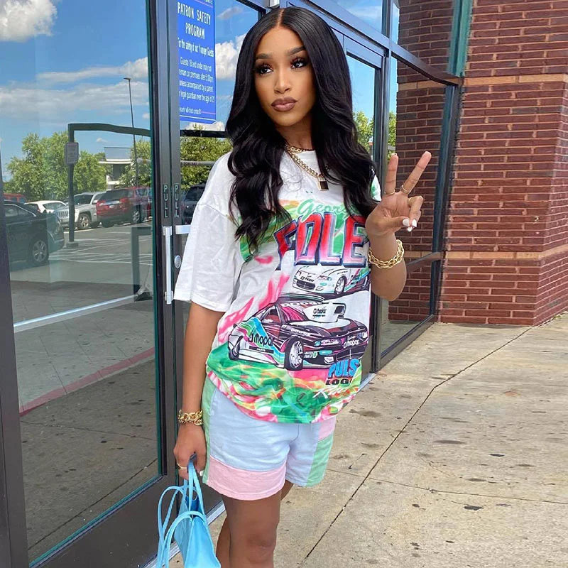 Fashion Street Summer Women Casual Letter Graffiti T-Shirt Shorts Loose Two-Piece Set-- Mesh Blend Leather Blend Suede Blend Fashion Street Summer Women Casual Letter Graffiti T-Shirt Shorts Loose Two-Piece Set-- Mesh Blend Leather Blend Suede Blend