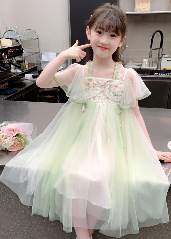 Chinese Style Green Tasseled Embroideried Tulle Girls Long Dress Summer TT030 Tunics Lace romantic
