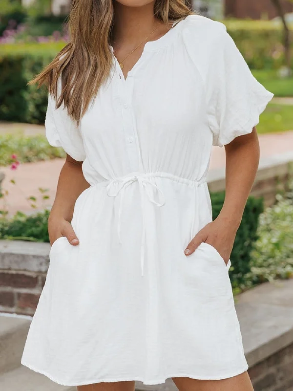White V-Neck Mini Dress with Drawstring Waist Stylish Floral Print Mini Dress