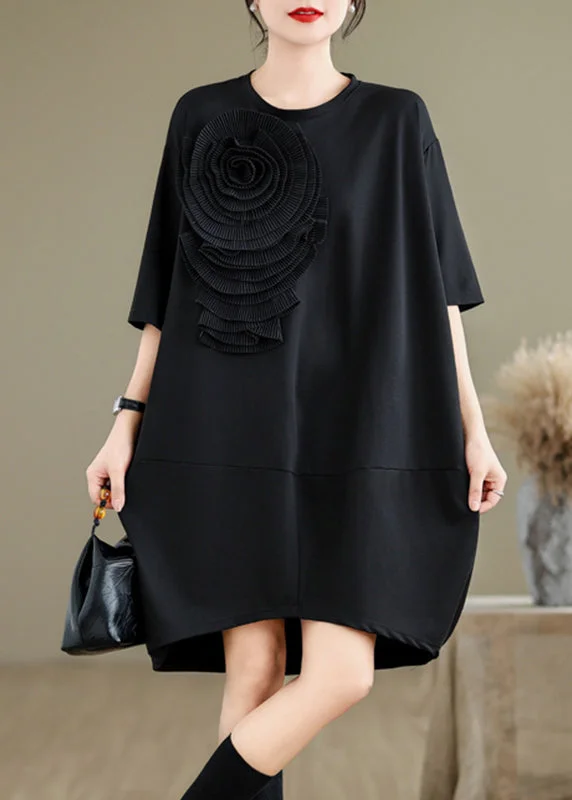 French Black O-Neck Floral Wrinkled Long Dresses Summer UU036 Tunics Polka dots
