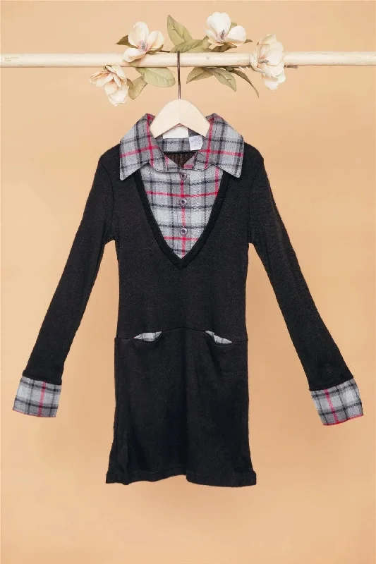 Little Girls Black Charcoal Combo Plaid Sweater Dress Tunics Fashionable chic